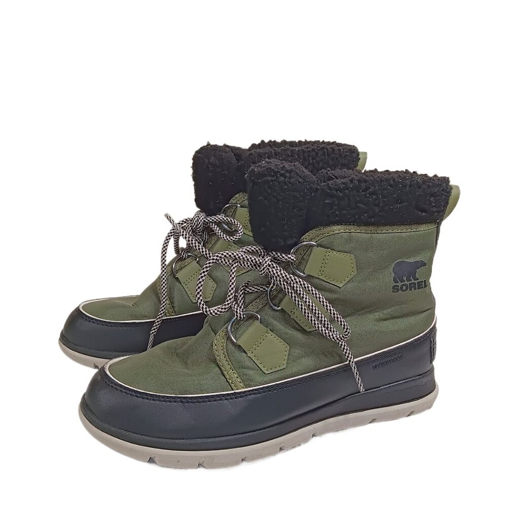 Sorel Explorer Carnival Boots Womens 7.5 Hiker Green Nylon Faux Fur Waterproof